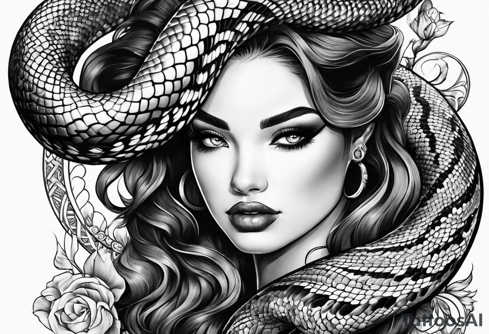 Big snake on girl head tattoo idea