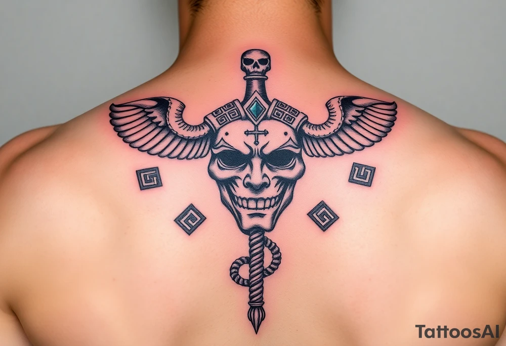 caduceus with greek symbols around. Comedy tragédiu dráma maska tattoo idea