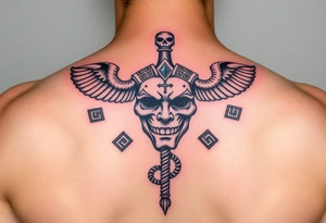 caduceus with greek symbols around. Comedy tragédiu dráma maska tattoo idea