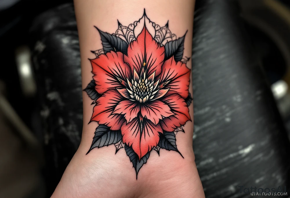 red  and black rhododendron trippy with mandala behind tattoo idea