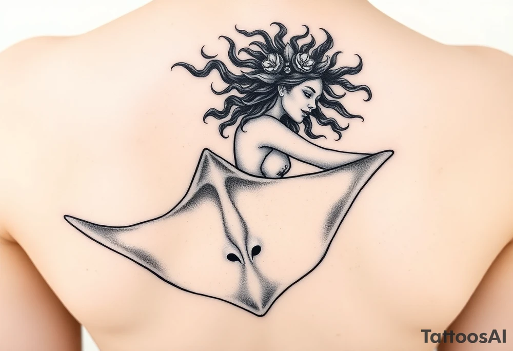Freediving Curly Woman with a mobula ray in the Open sea tattoo idea