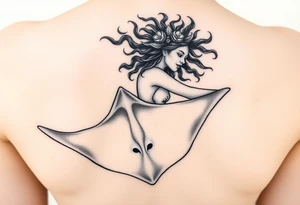Freediving Curly Woman with a mobula ray in the Open sea tattoo idea