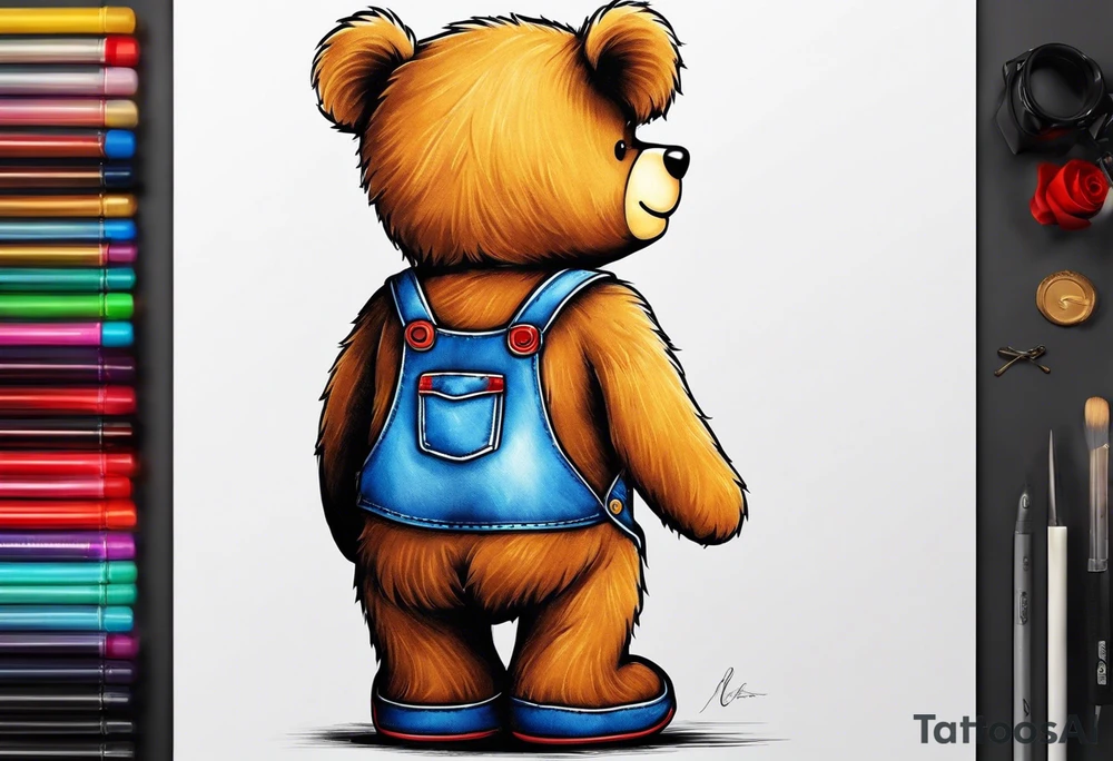 the back of a standing teddy bear wearing overalls tattoo idea