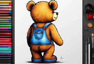 the back of a standing teddy bear wearing overalls tattoo idea