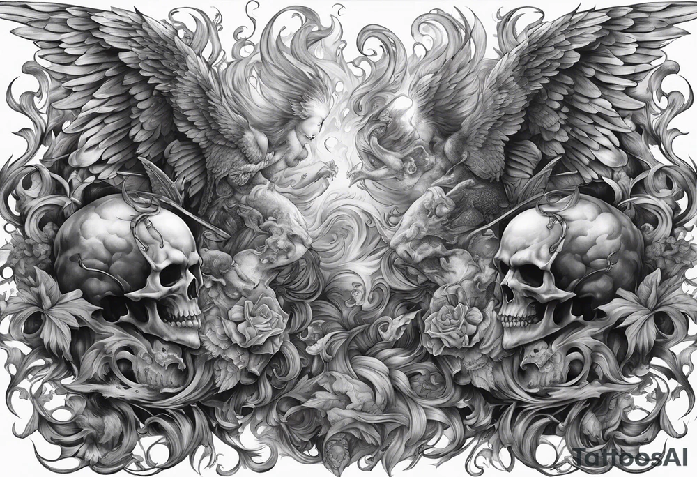Angels fighting demons full sleeve with skulls and fire and smoke for filler tattoo idea