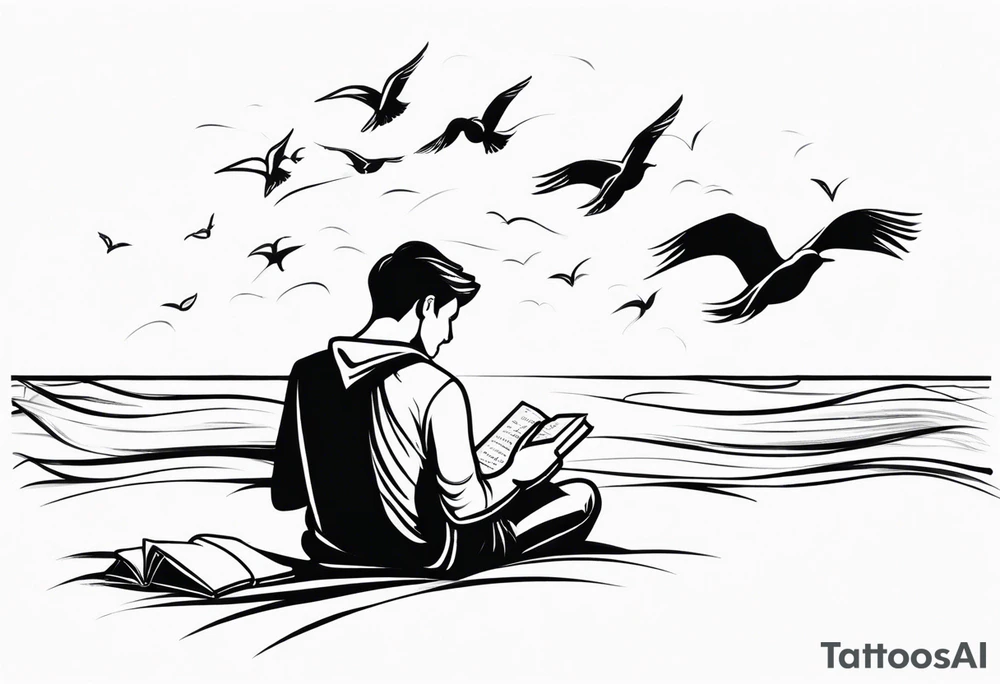 Someone is sitting on the beach reading a book and the pages are flying in the wind, the purpose of the tattoo is to emphasize that just as the pages are flying in the wind, you also have to flip through situations in life tattoo idea