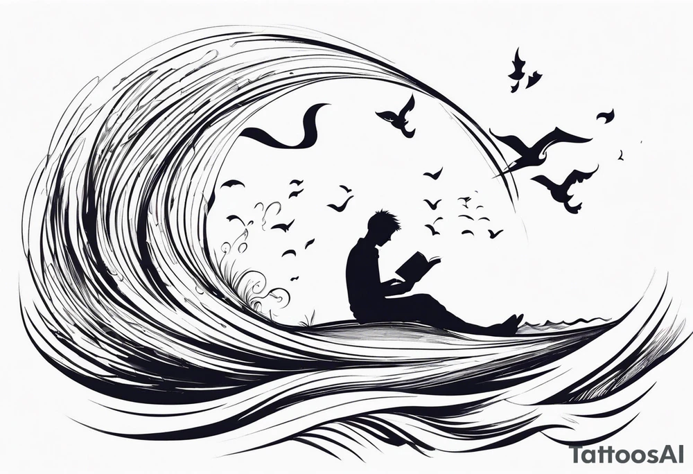 Someone is sitting on the beach reading a book and the pages are flying in the wind, the purpose of the tattoo is to emphasize that just as the pages are flying in the wind, you also have to flip through situations in life tattoo idea