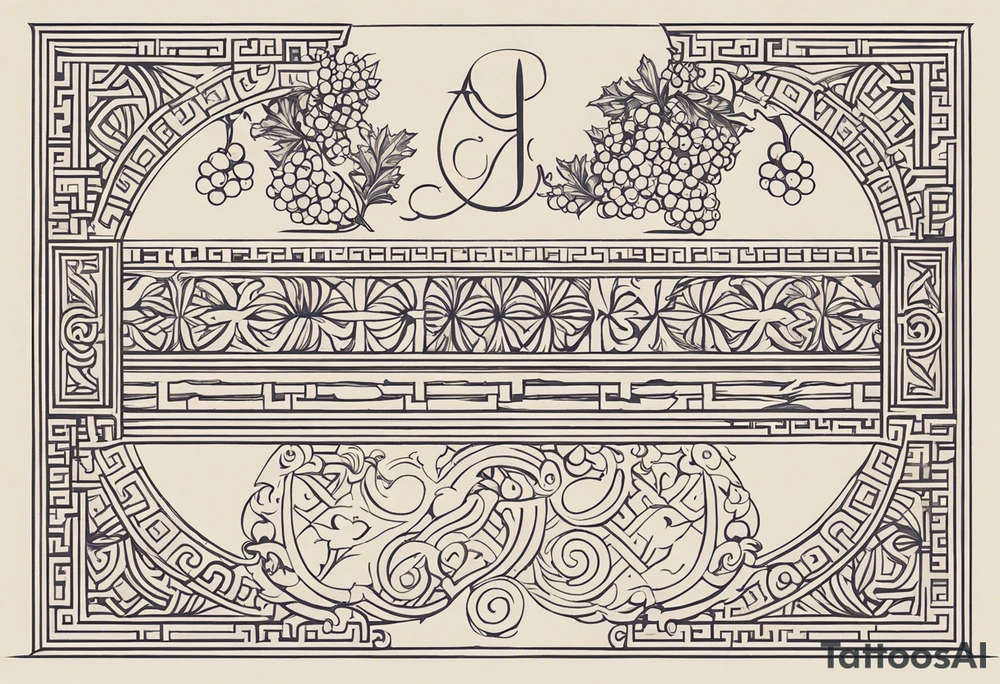 "Craft a minimalist tattoo design inspired by ancient Greek art, focusing on Dionysus, the god of wine and revelry. Utilize clean lines and geometric shapes reminiscent of classical Greek motifs. Consider incorporating subtle symbols such as a grapevine winding around a thyrsus staff, a simplified wine goblet, or a cluster of grapes. Ensure the design captures Dionysus's essence of celebration and passion while maintaining a minimalist aesthetic that resonates with the elegance of ancient Greek art." tattoo idea