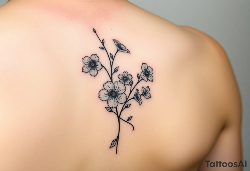 fine line sweet pea vine with larkspur and violet tattoo idea