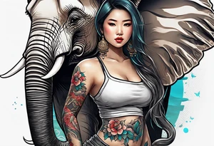 Thick Asian girl standing next to an elephant tattoo idea