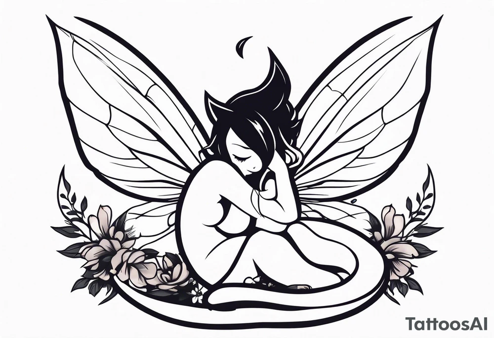 A fairy with a tail inspired by the logo of the show called Fairy Tail in a fetal position leaning in tattoo idea
