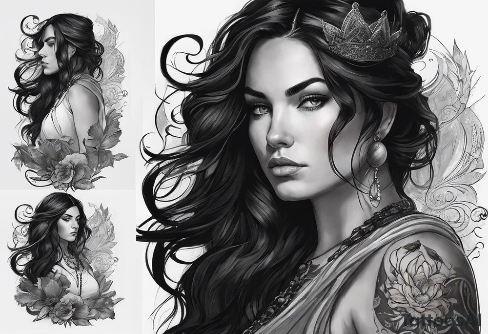 A white woman with dark hair and features. She will be posing sideways portrait style but looking head on. She needs to embody a modern warrior. . And the outside of the tattoo can fade away with smoke. It’s for my outer shoulder so it’s about 20x7cm her hair should be down and loose. She should be holding a queen of hearts that has a lion on it and another card that’s not closed. tattoo idea
