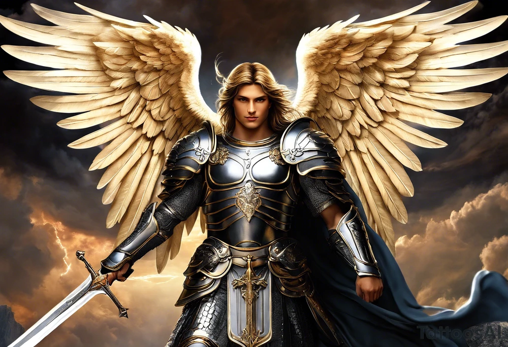 **Tattoo Design: Archangel Michael**

- **Central Theme**: Archangel Michael, majestic and powerful, stands ready with a raised sword, prepared to battle evil.
- **Appearance**: The figure of Archangel Michael depicted in full angelic armor, with majestic wings spread wide.
- **Expression**: His stance conveys strength, courage, and determination in defense of good.
- **Details**: Focus on intricate details such as facial features, armor embellishments, and the raised sword.
- **Background**: May be stylized as celestial, with rays of light or clouds, accentuating the divine presence of Archangel Michael.
- **Placement**: Intended for placement on the chosen body area, with the option to adjust the size according to personal preferences. tattoo idea