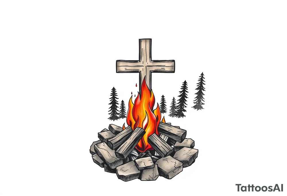 Campfire with cross include the great outdoors and night sky make sure cross doesn't look like it is on fire tattoo idea