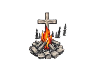 Campfire with cross include the great outdoors and night sky make sure cross doesn't look like it is on fire tattoo idea
