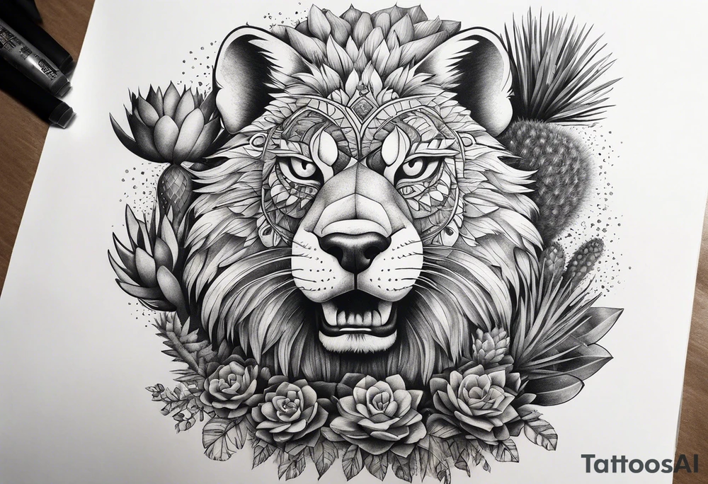 Lobo ,  cactos e árvore da vida por do sol braço parte de cima tattoo idea