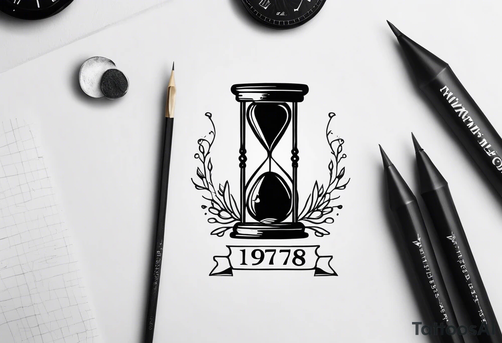 a tattoo mixing a clock and an hourglass in black and white where the year 1979 appears. tattoo idea