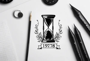 a tattoo mixing a clock and an hourglass in black and white where the year 1979 appears. tattoo idea