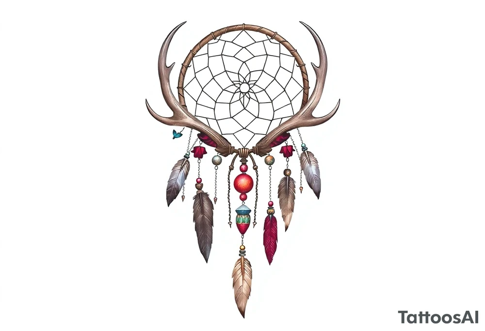 Dreamcatcher made from deer antlers with feathers and beads hanging off it tattoo idea