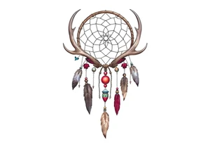 Dreamcatcher made from deer antlers with feathers and beads hanging off it tattoo idea
