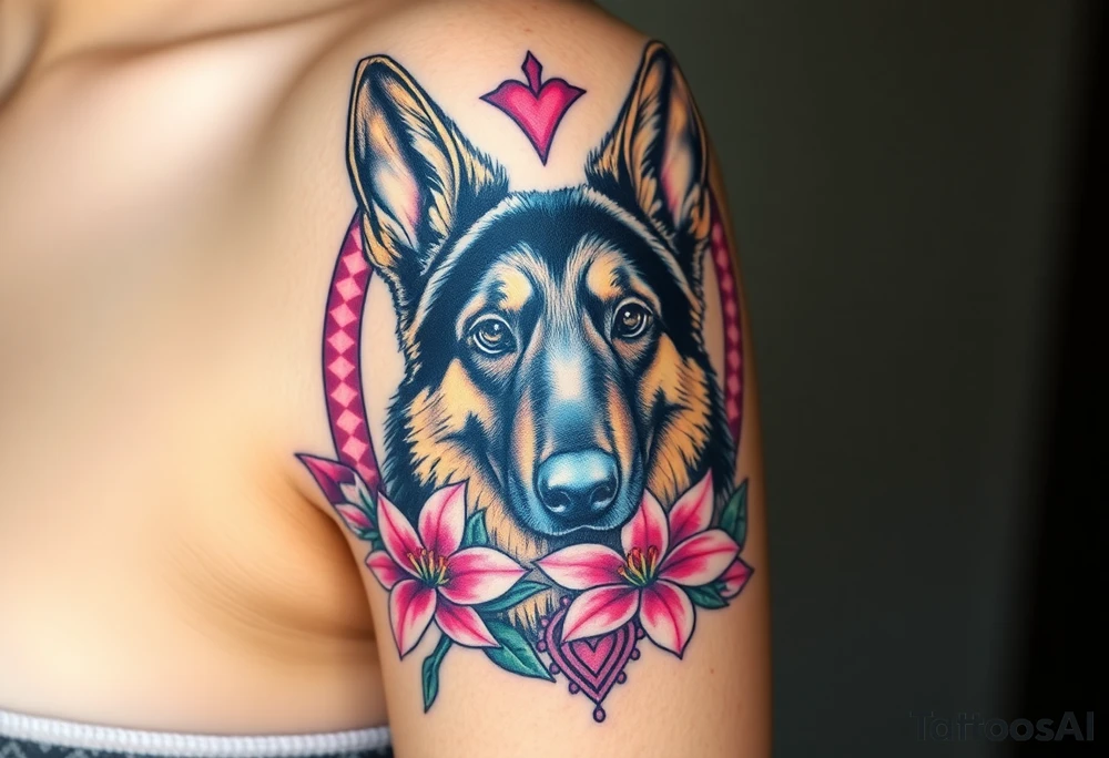 realistic german shepherd with alert ears looking protective with pink lilies in front of a sacred heart tattoo idea
