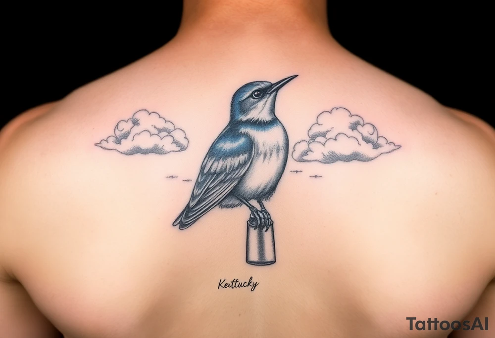 Kentucky bluebird with realistic clouds tattoo idea