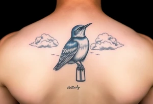 Kentucky bluebird with realistic clouds tattoo idea