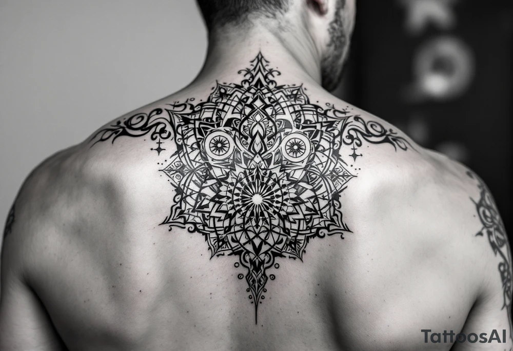 intricate mandala with sacred geometry and cosmic elements tattoo idea