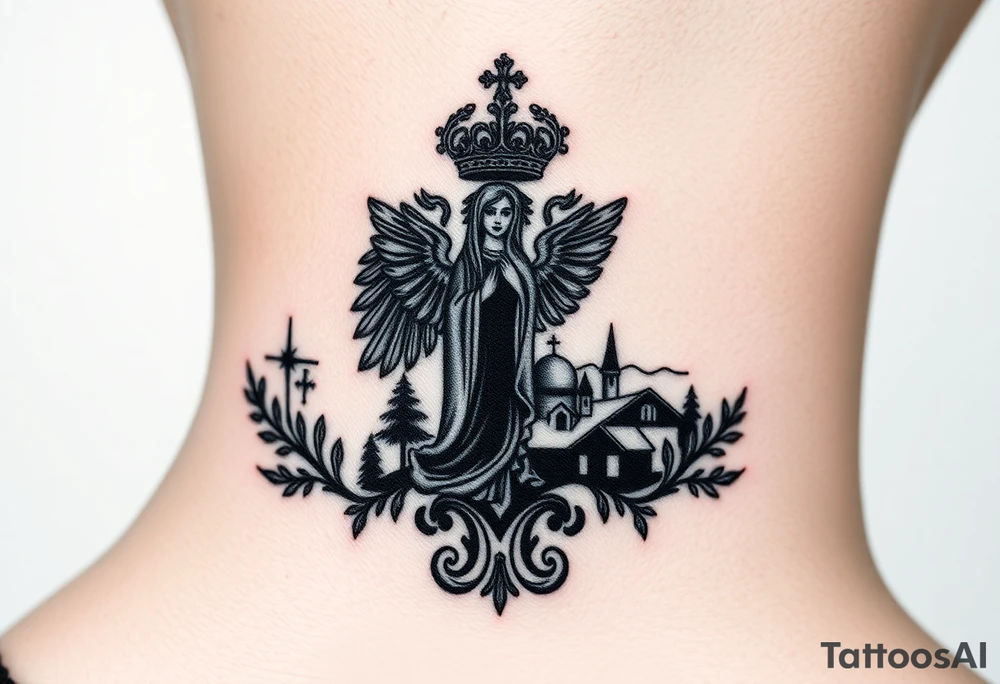 Traditional authentic Russian coat of arms with a Christian orthodox virgin marry in the middle and silhouette in a Russian wilderness Christian orthodoxy village setting tattoo idea