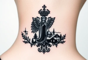 Traditional authentic Russian coat of arms with a Christian orthodox virgin marry in the middle and silhouette in a Russian wilderness Christian orthodoxy village setting tattoo idea