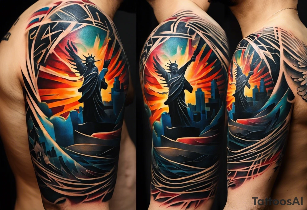 Wide tattoo that appears to be bursting out of the skin, symbolizing freedom. The tattoo should be vibrant and dynamic, with bold lines and colors that evoke a sense of liberation and empowerment. Consider incorporating elements such as broken chains, or other symbols of freedom. The tattoo should be visually striking and thought-provoking. tattoo idea