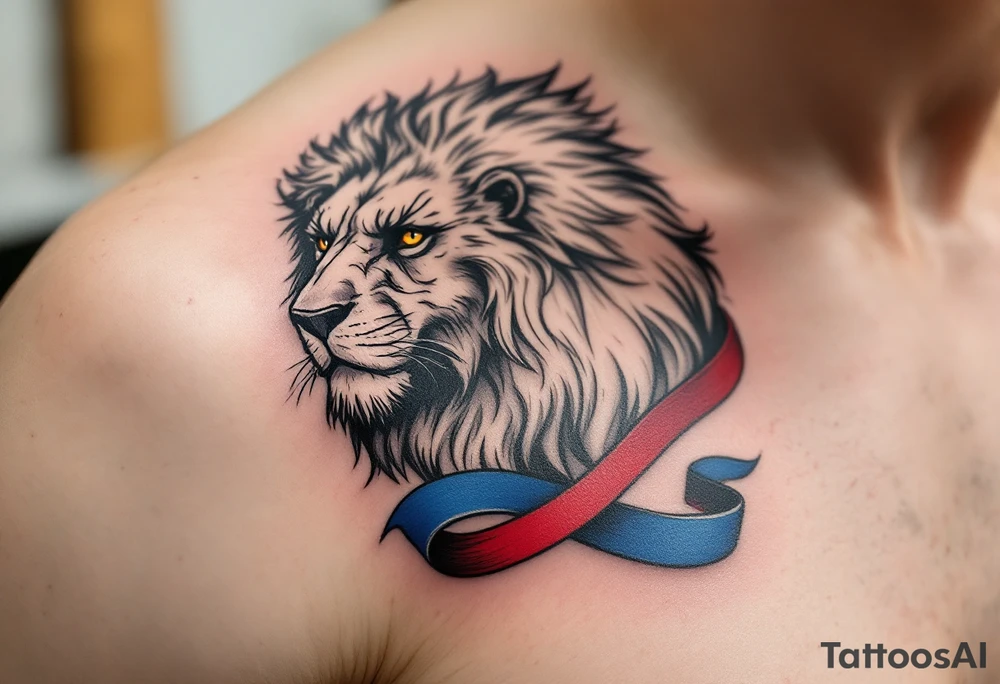 A stylized Czech lion with a flowing blue, red, and white ribbon wrapped around its body, symbolizing national unity. tattoo idea