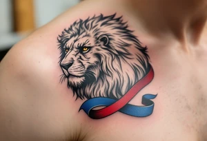 A stylized Czech lion with a flowing blue, red, and white ribbon wrapped around its body, symbolizing national unity. tattoo idea