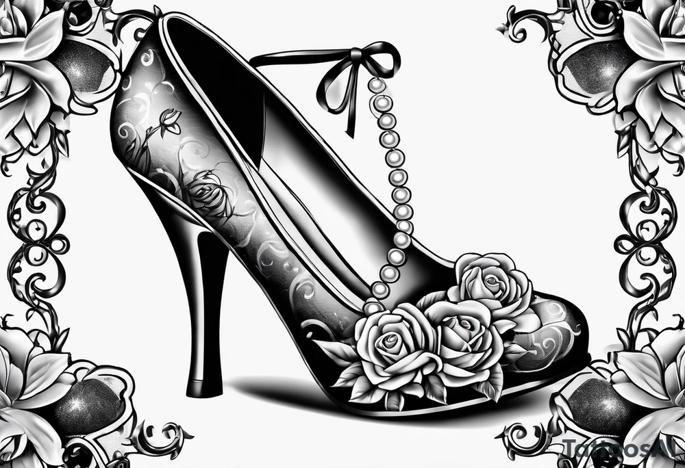 1950s pinup pumps wrapped with pearl necklaces and flowers tattoo idea