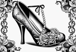 1950s pinup pumps wrapped with pearl necklaces and flowers tattoo idea