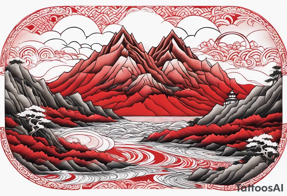 red mountains on which there are two castles tattoo idea