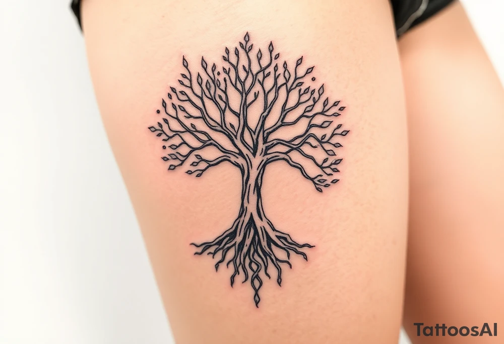 mystical tree of life with cosmic roots and celestial branches tattoo idea
