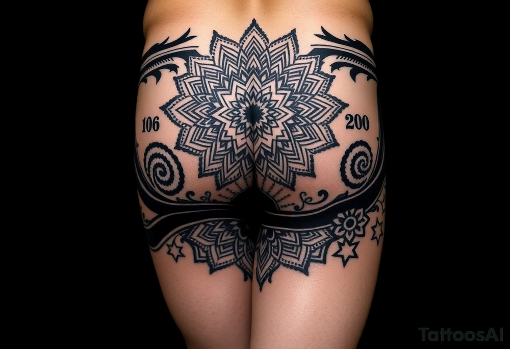 Blackwork geometric tattoo on male lower body, both thighs fully 
covered, buttocks and lower back, large central mandala on lower back 
flowing into glutes, double spiral motif on each buttock cheek, 
spiral black bands wrapping diagonally around thighs, alternating 
fill patterns per zone: dotwork floral geometry on outer thigh, 
hexagonal star patterns on inner thigh, massive black background 
areas, fine ornamental cutouts, seamless full coverage with no gaps, 
pure black ink, no grey wash, photorealistic tattoo photography, 
dark background tattoo idea