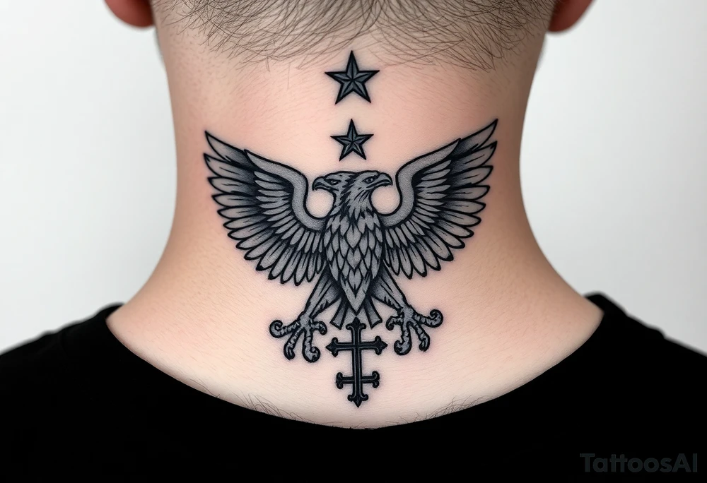 Double-headed eagle outline only (no shading) — suits neck skin which ages differently
Star above, small orthodox cross below tattoo idea