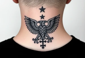 Double-headed eagle outline only (no shading) — suits neck skin which ages differently
Star above, small orthodox cross below tattoo idea