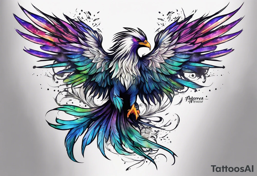 Phoenix on hip down into thigh with quote "from the Ashes I rise" long tail feathers wings not spread tattoo idea