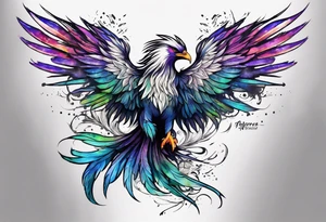 Phoenix on hip down into thigh with quote "from the Ashes I rise" long tail feathers wings not spread tattoo idea