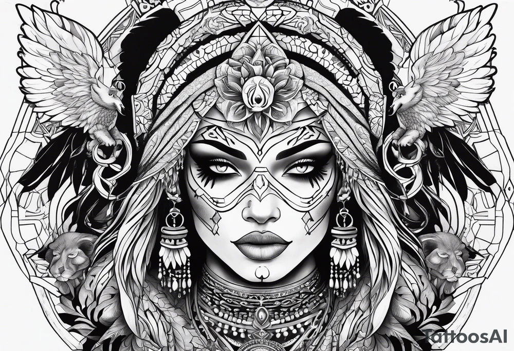 kali ma, alien goddess, valkrye, pirate, divine feminine, zenza resonance, pachamama, lotus azul, blank panther, eagle, skull, 5D, nueva gaya, dna 12 tattoo idea