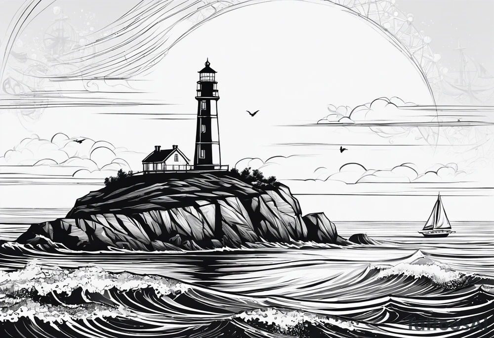 voilier vue de face. phare maritime fixé au centre du voilier et utilisé comme un mat pour les voiles. tattoo idea