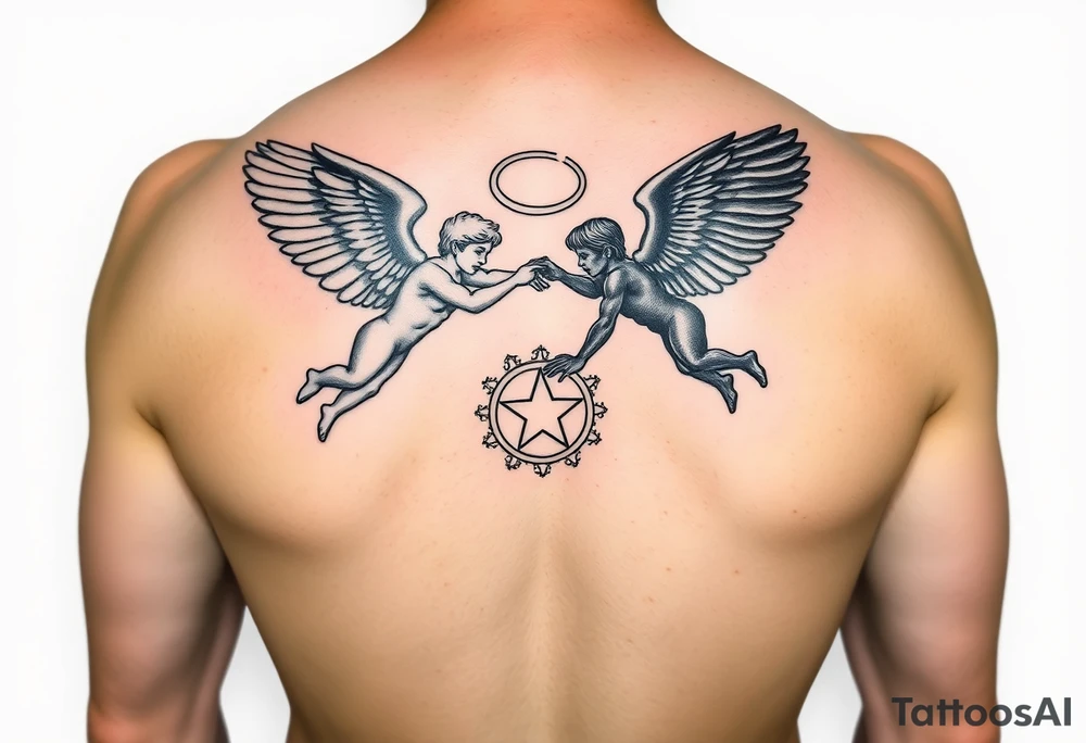 white angel and black angel from flying at each other, fighting over a halo tattoo idea