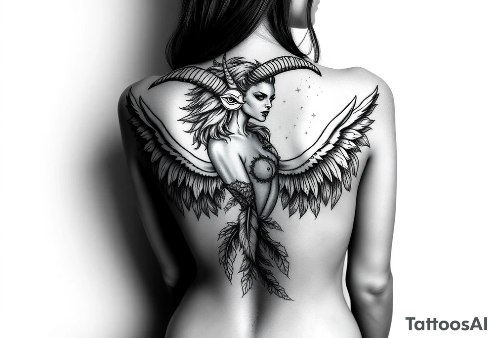 Menacing full body Woman Harpy with horns and lots of feathers tattoo idea