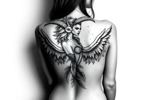 Menacing full body Woman Harpy with horns and lots of feathers tattoo idea