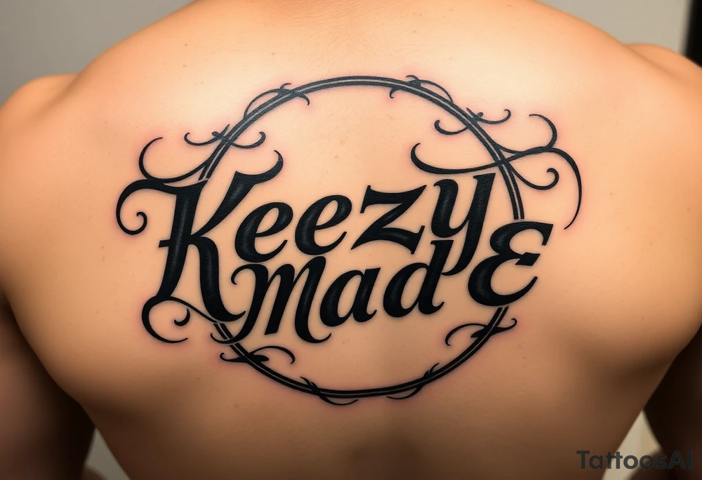 letters only fancy but rugged twisted and intertwined circular arched curvy lettering in a circular  that would be clothing brand style that says (KeezY MadE) tattoo idea