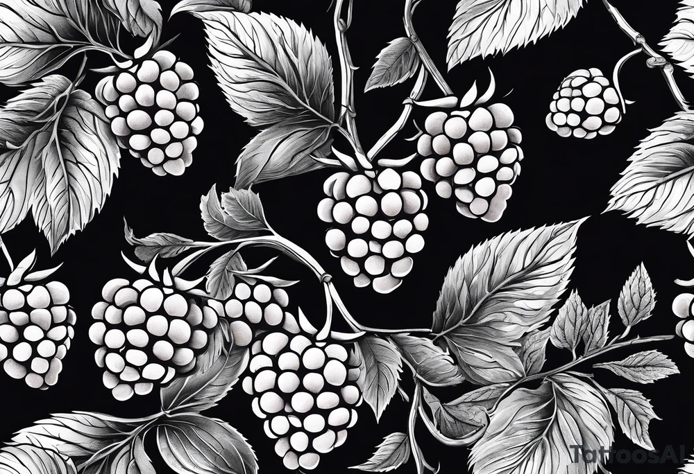 a single long raspberry branch with lots of leaves that is hanging upside down in black and white tattoo idea
