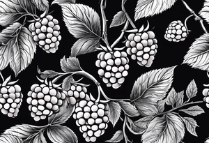 a single long raspberry branch with lots of leaves that is hanging upside down in black and white tattoo idea